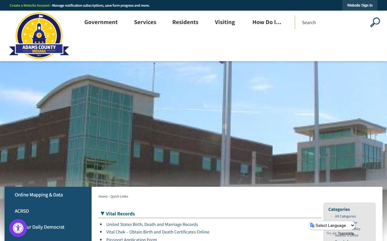 Adams County contact information page for birth records inquiries