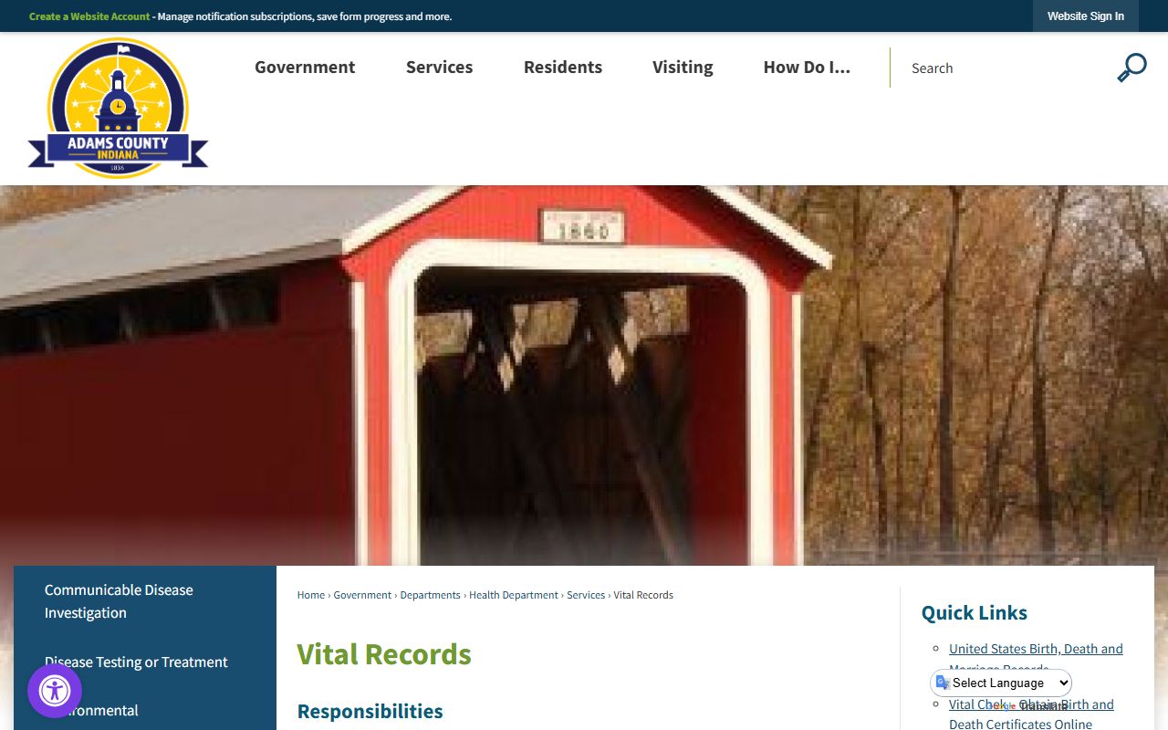Adams County Vital Records page for birth records