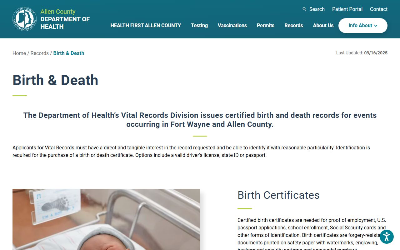 Allen County birth and death records page