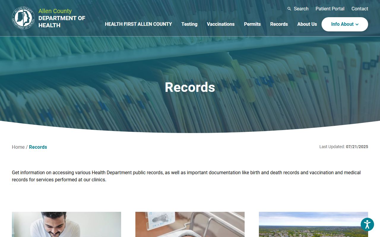 Allen County records division main page for birth records