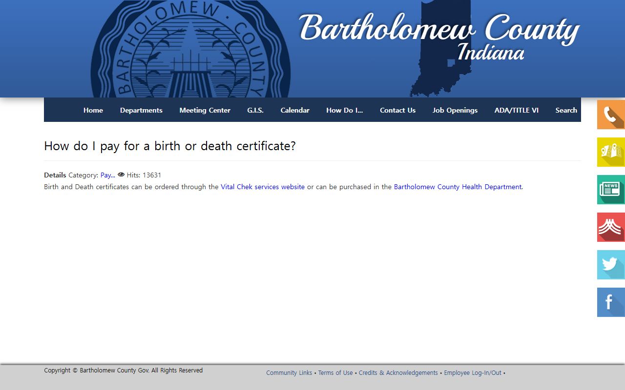 Bartholomew County FAQ page about birth certificate requests