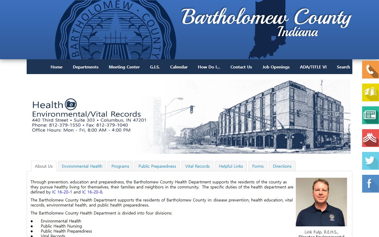 Bartholomew County Health Department page for birth records