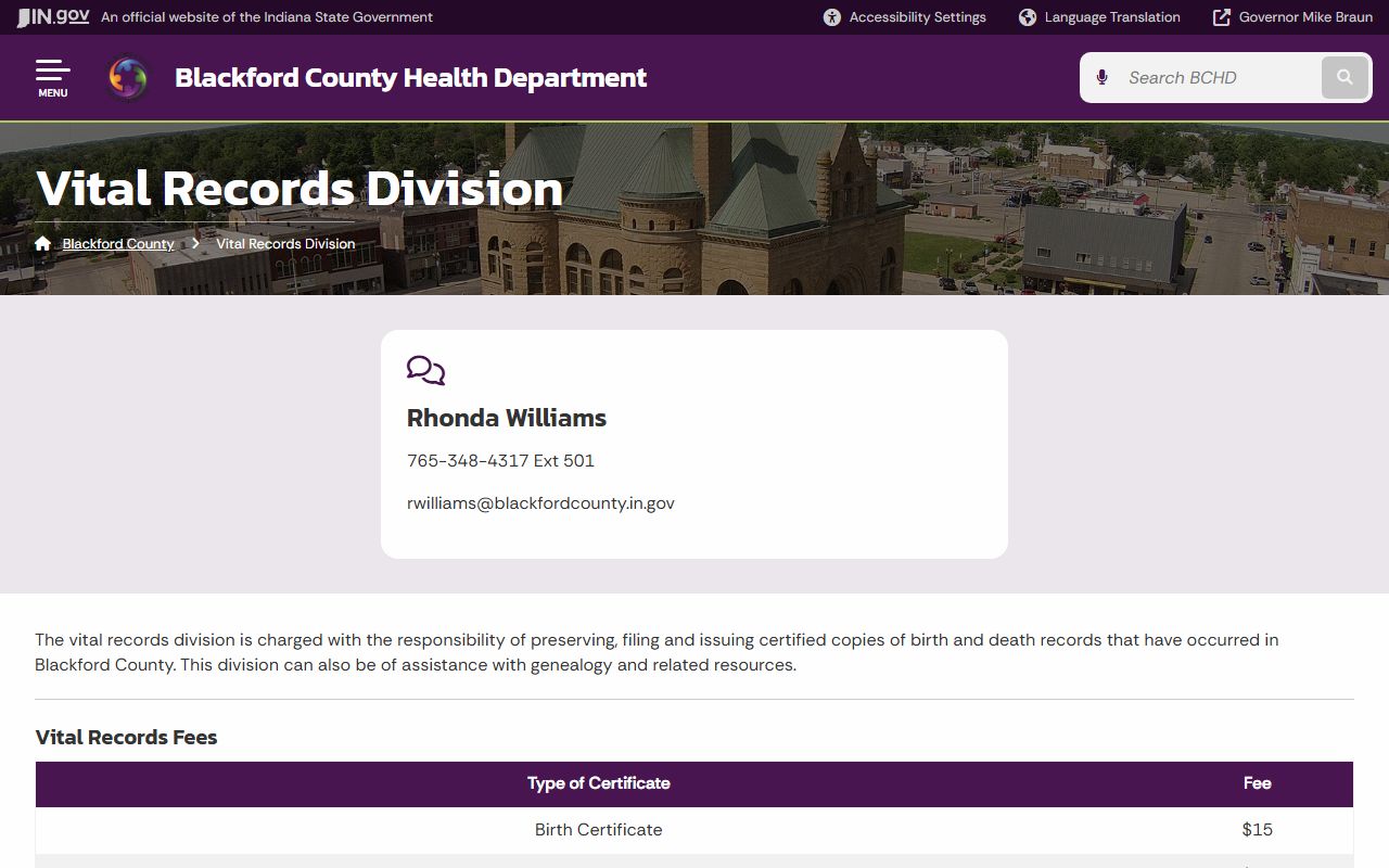 Blackford County Vital Records Division page for birth certificates