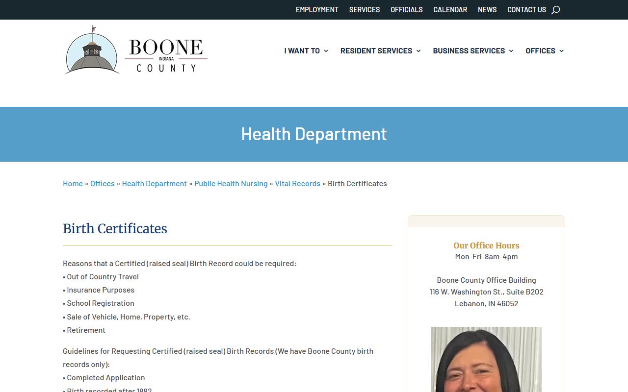 Boone County birth certificates specific information page