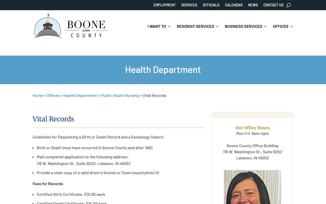 Boone County Vital Records page for birth records