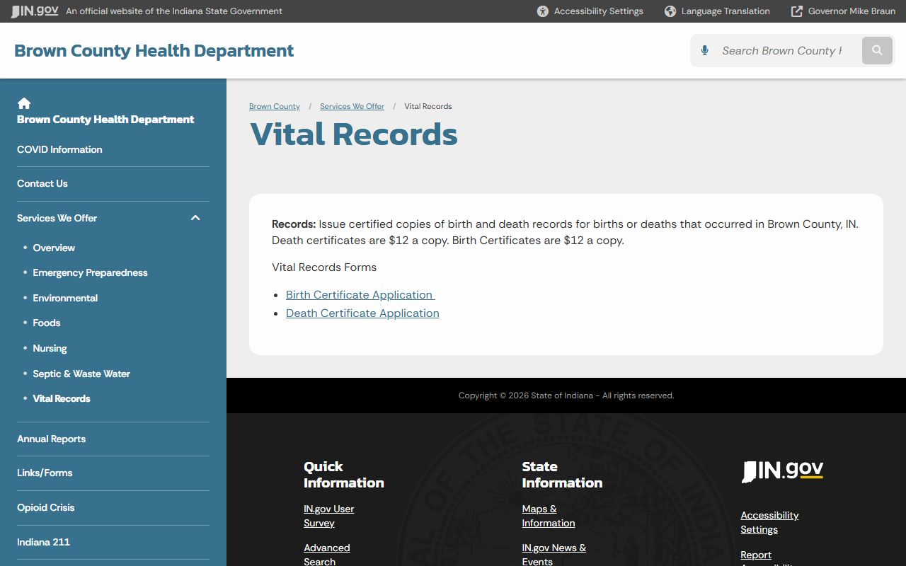 Brown County Vital Records page for birth certificate requests