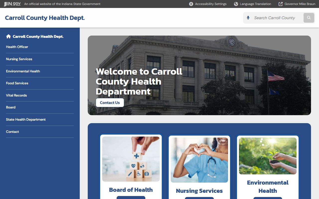 Carroll County Health Department state page for birth records