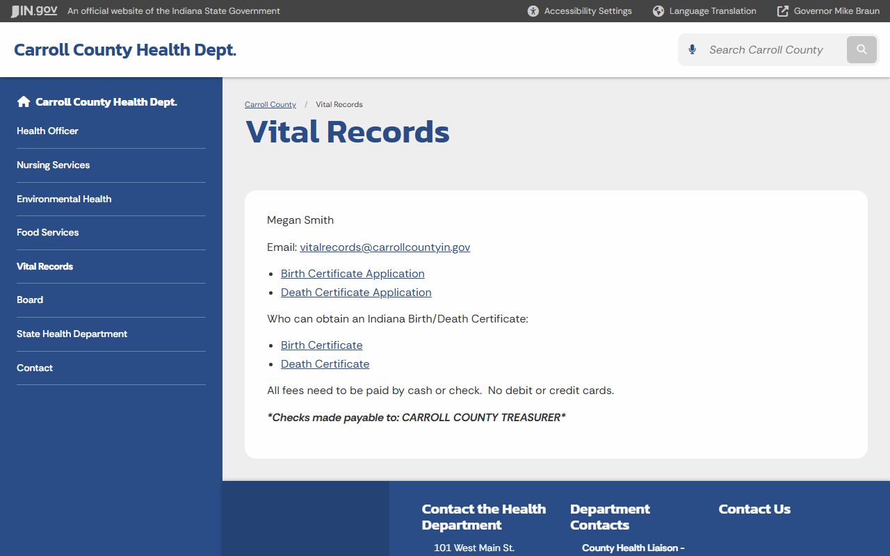 Carroll County Vital Records page for birth certificate information