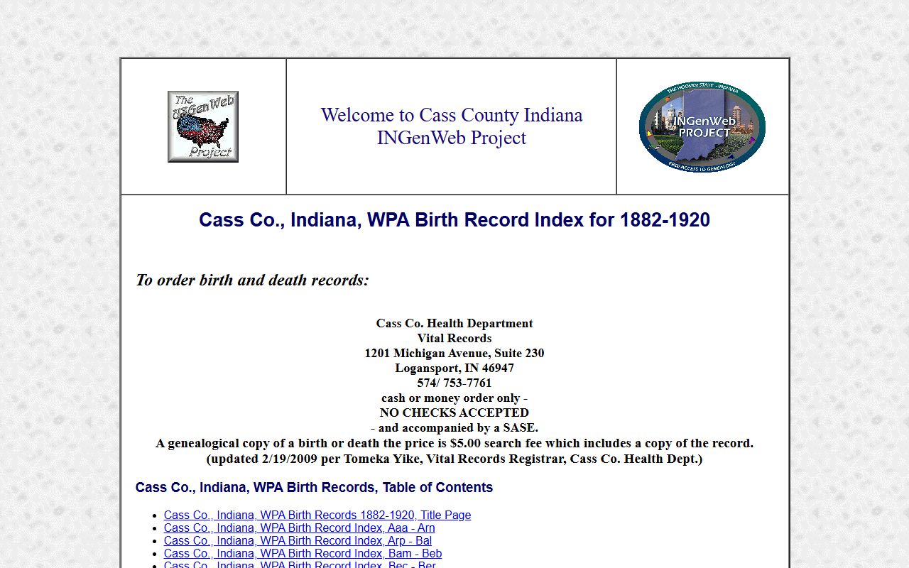 Cass County WPA birth index search page for historical birth records