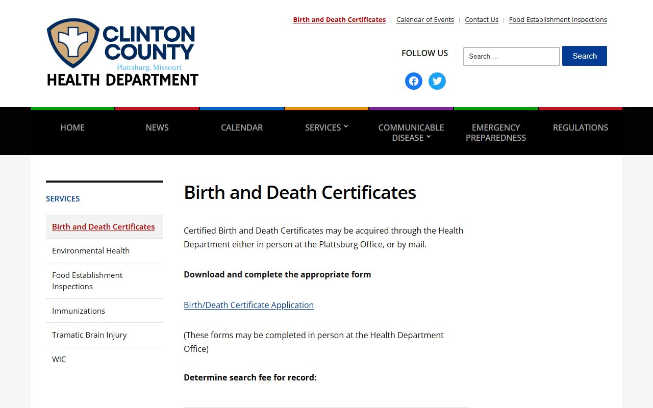 Clinton County Health Department services page for birth and death records