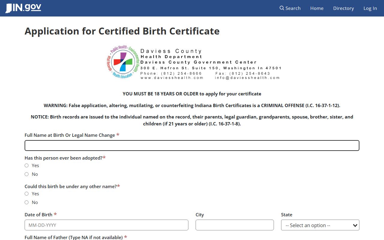 Daviess County online birth certificate application form