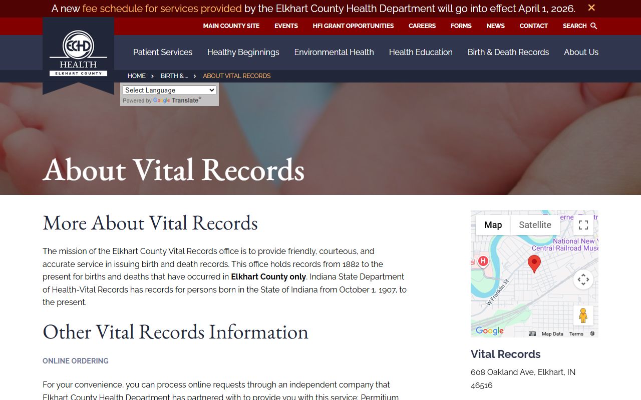 Elkhart County birth and death records information page