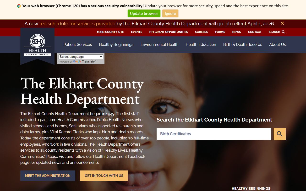 Elkhart County Health Department website for birth records