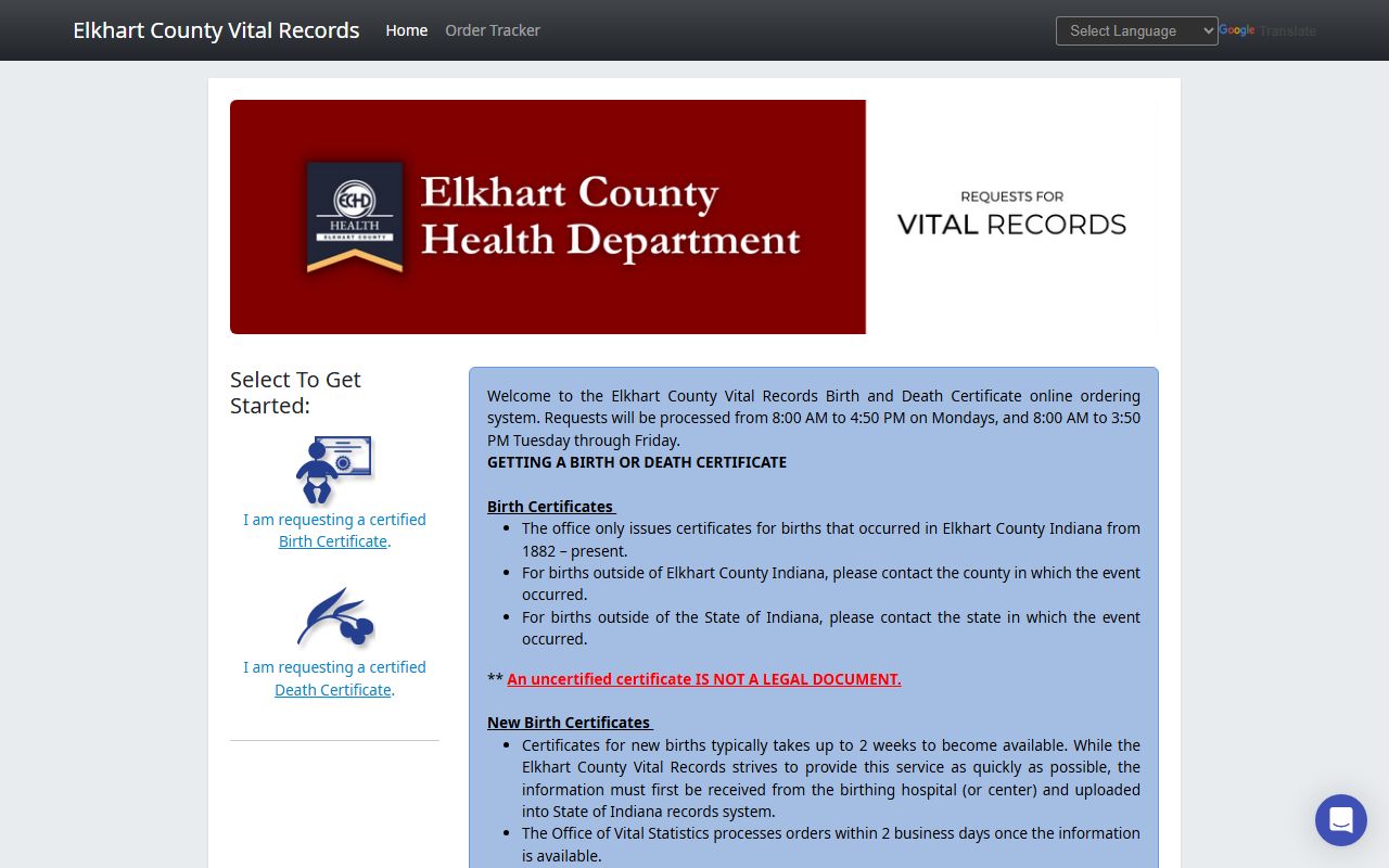 Elkhart County online birth certificate ordering system