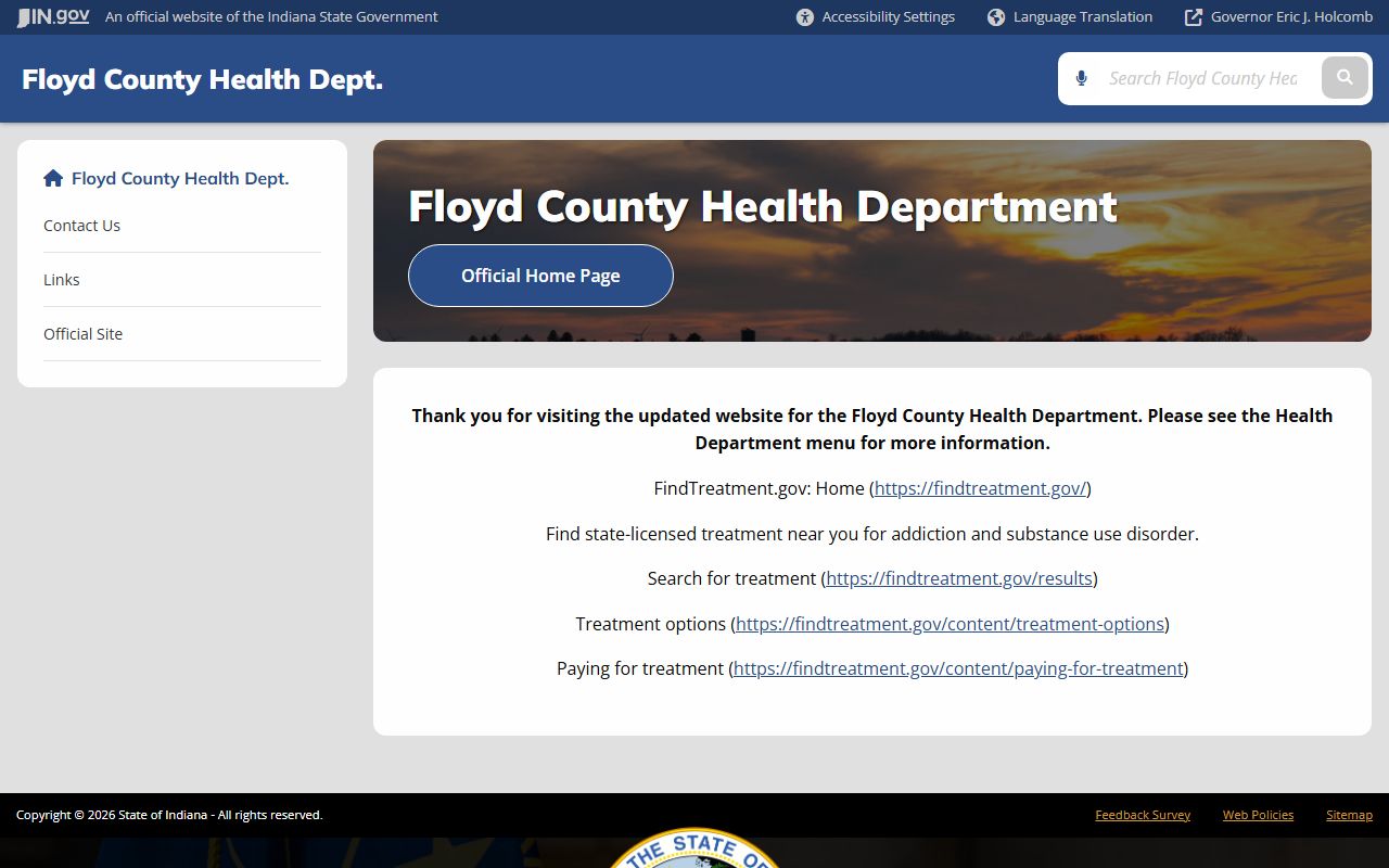 Floyd County Health Department page on Indiana state website for birth records