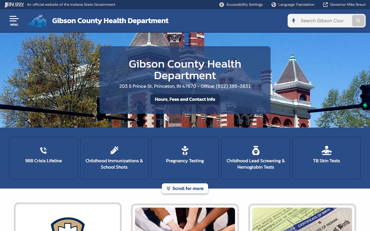 Gibson County Health Department page on Indiana state website for birth records