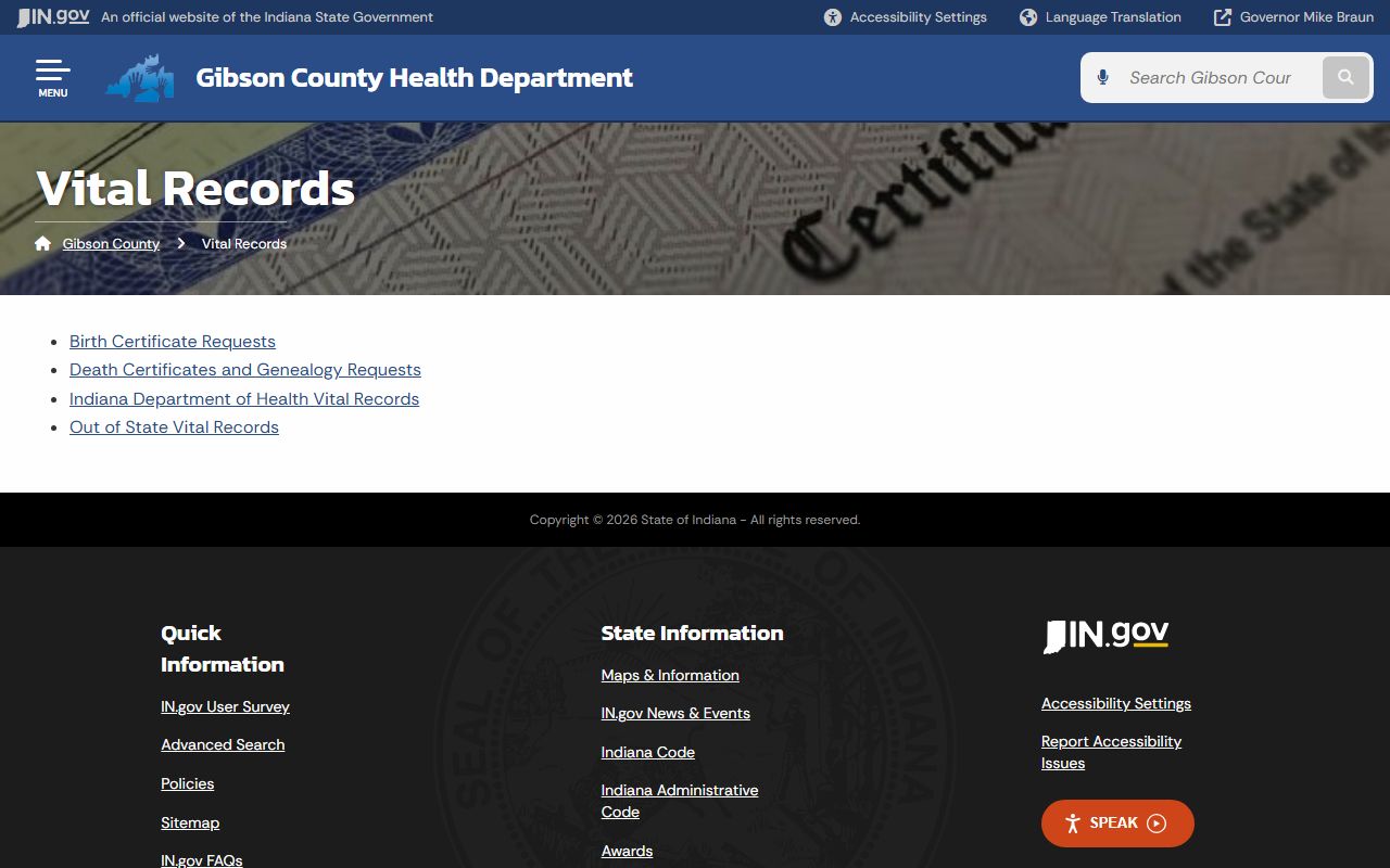 Gibson County Vital Records page for birth certificate services