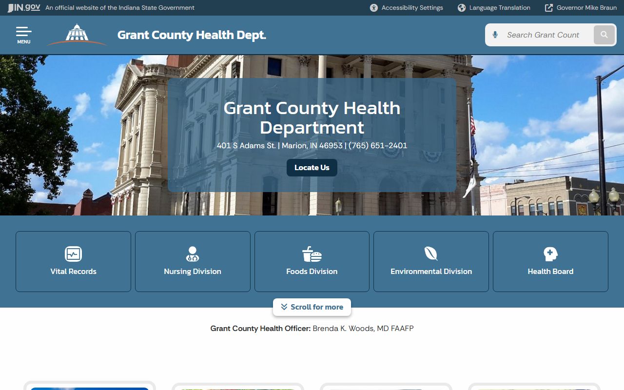 Grant County Health Department page on Indiana state website for birth records