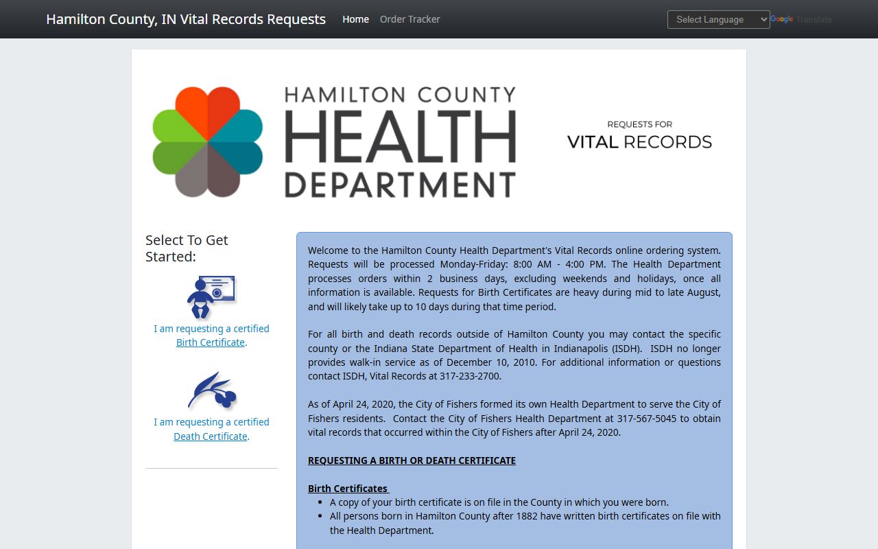 Hamilton County online ordering portal for birth certificates