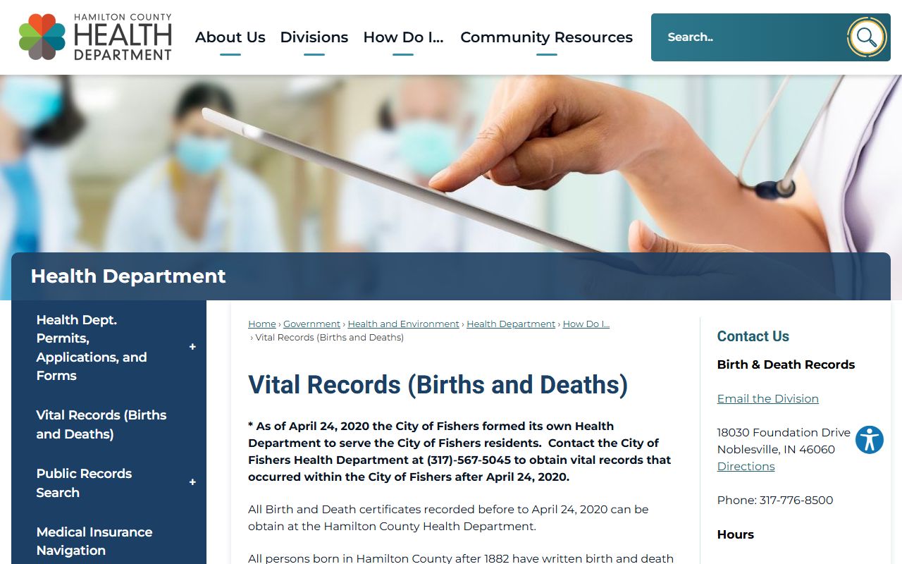 Hamilton County Vital Records page for birth certificate services