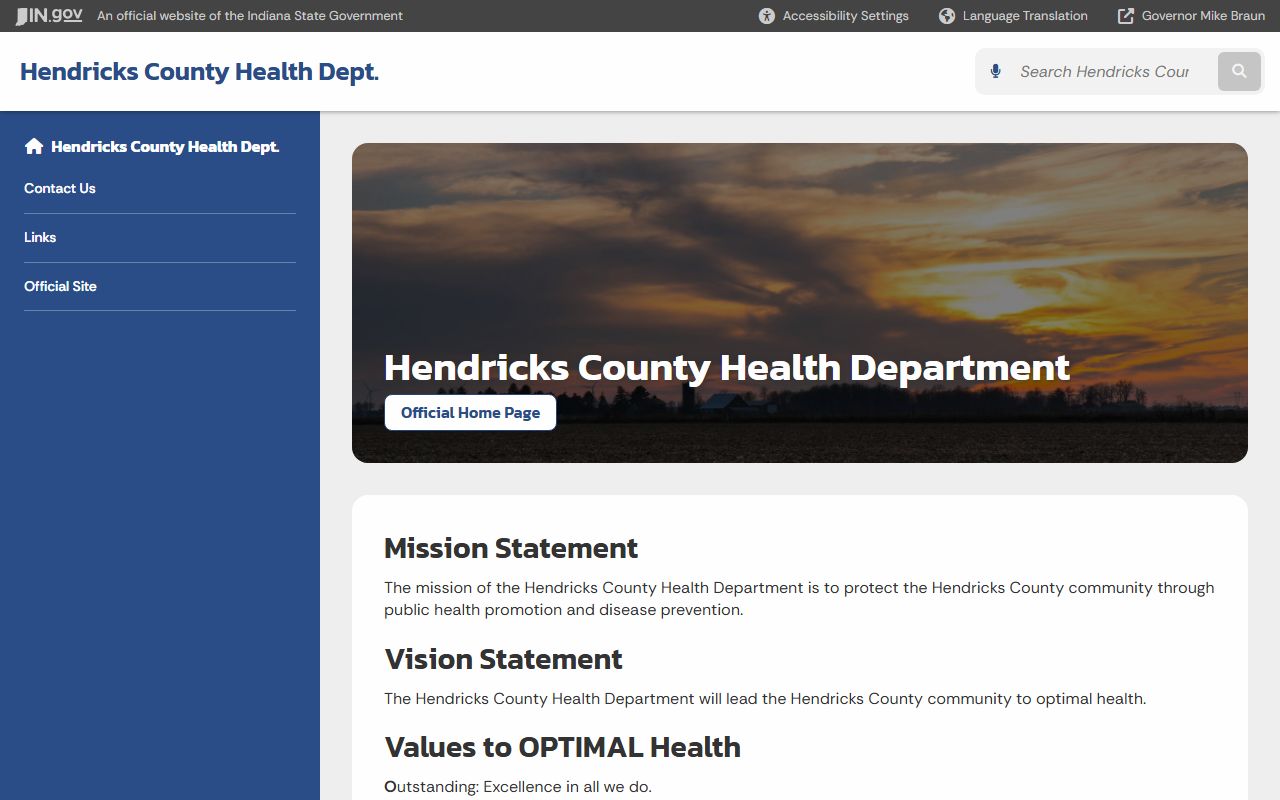 Hendricks County Health Department page on Indiana state website for birth records