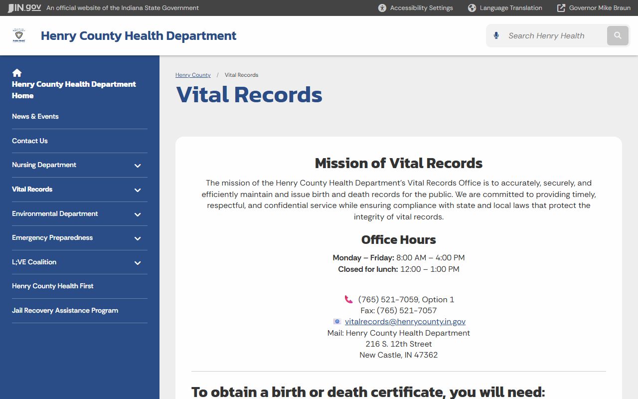 Henry County Vital Records page for birth certificate services