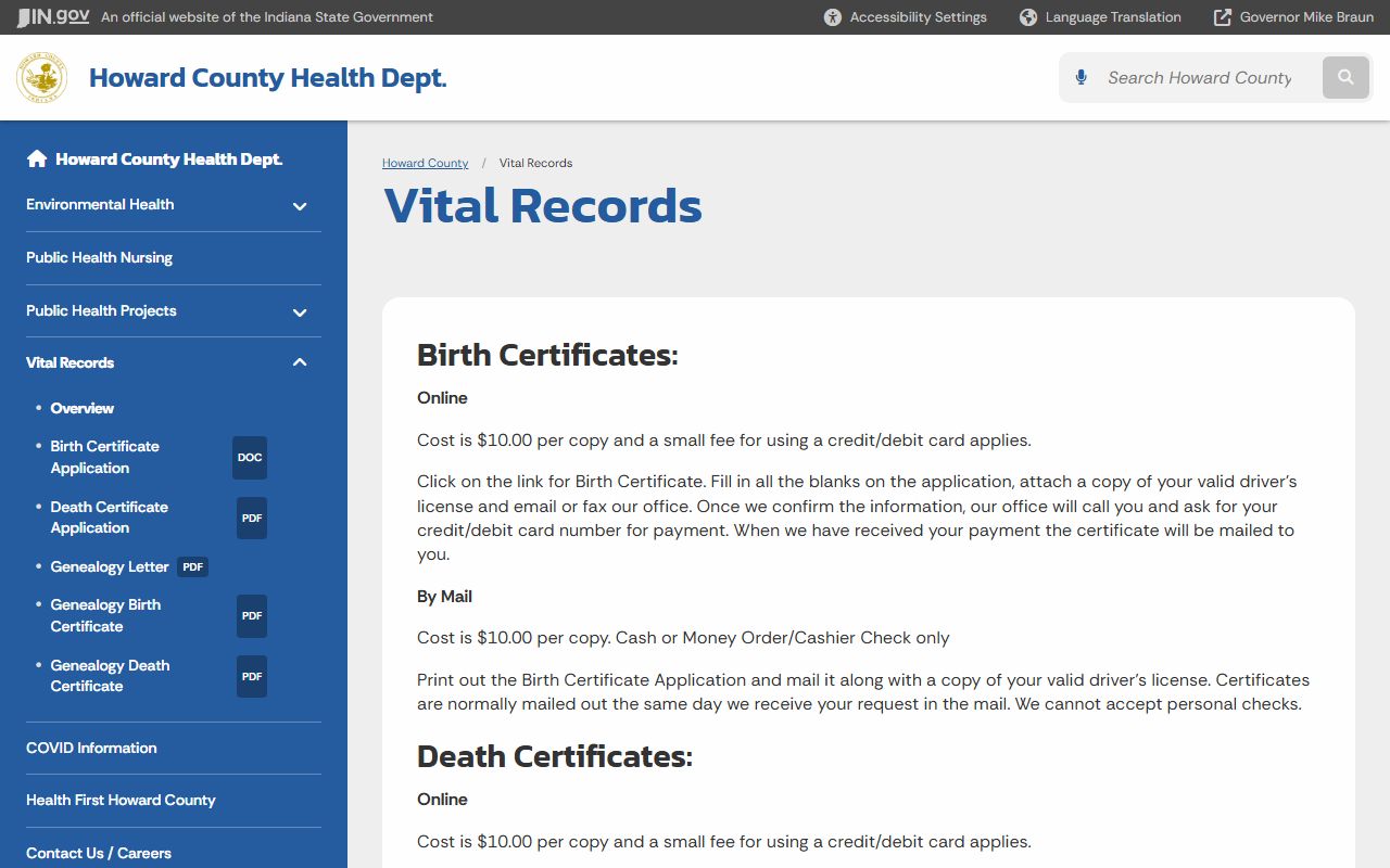 Howard County Vital Records page for birth certificate services