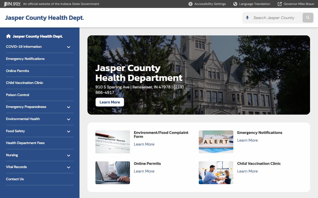 Jasper County Health Department state page for birth records