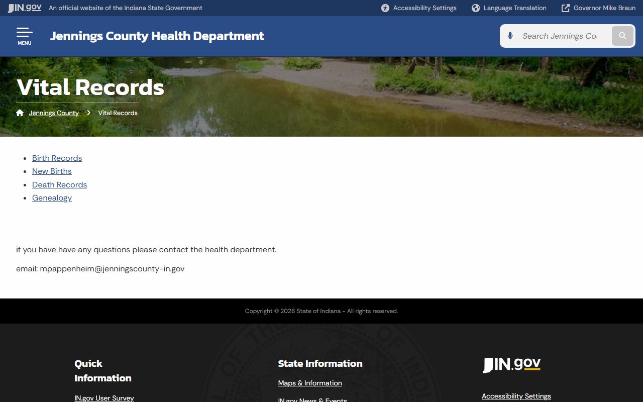 Jennings County vital records page for birth certificate requests