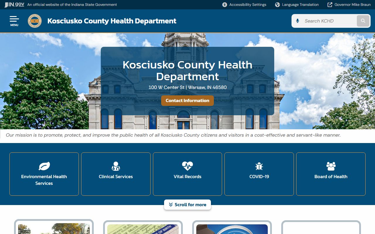 Kosciusko County Health Department state page for birth records