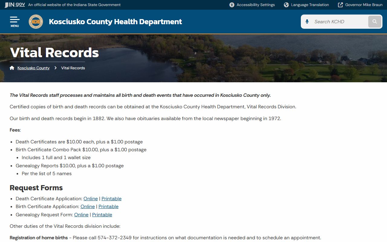 Kosciusko County vital records page for birth certificate requests
