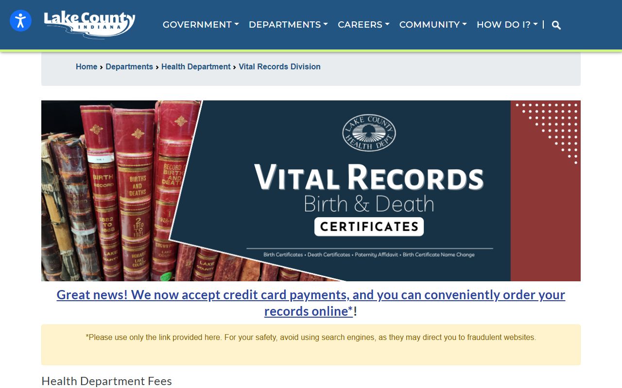 Lake County Vital Records Division page for birth certificate orders
