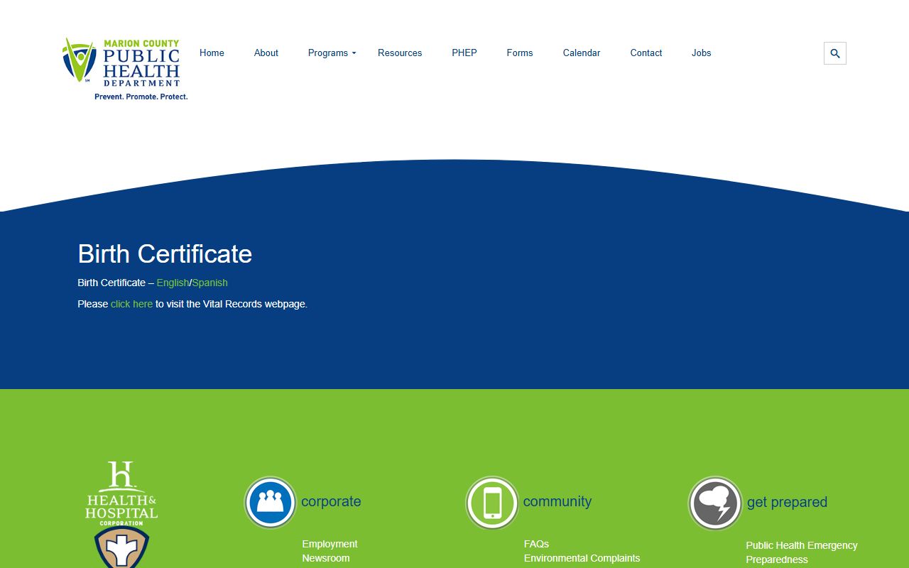 Marion County birth certificate ordering information page
