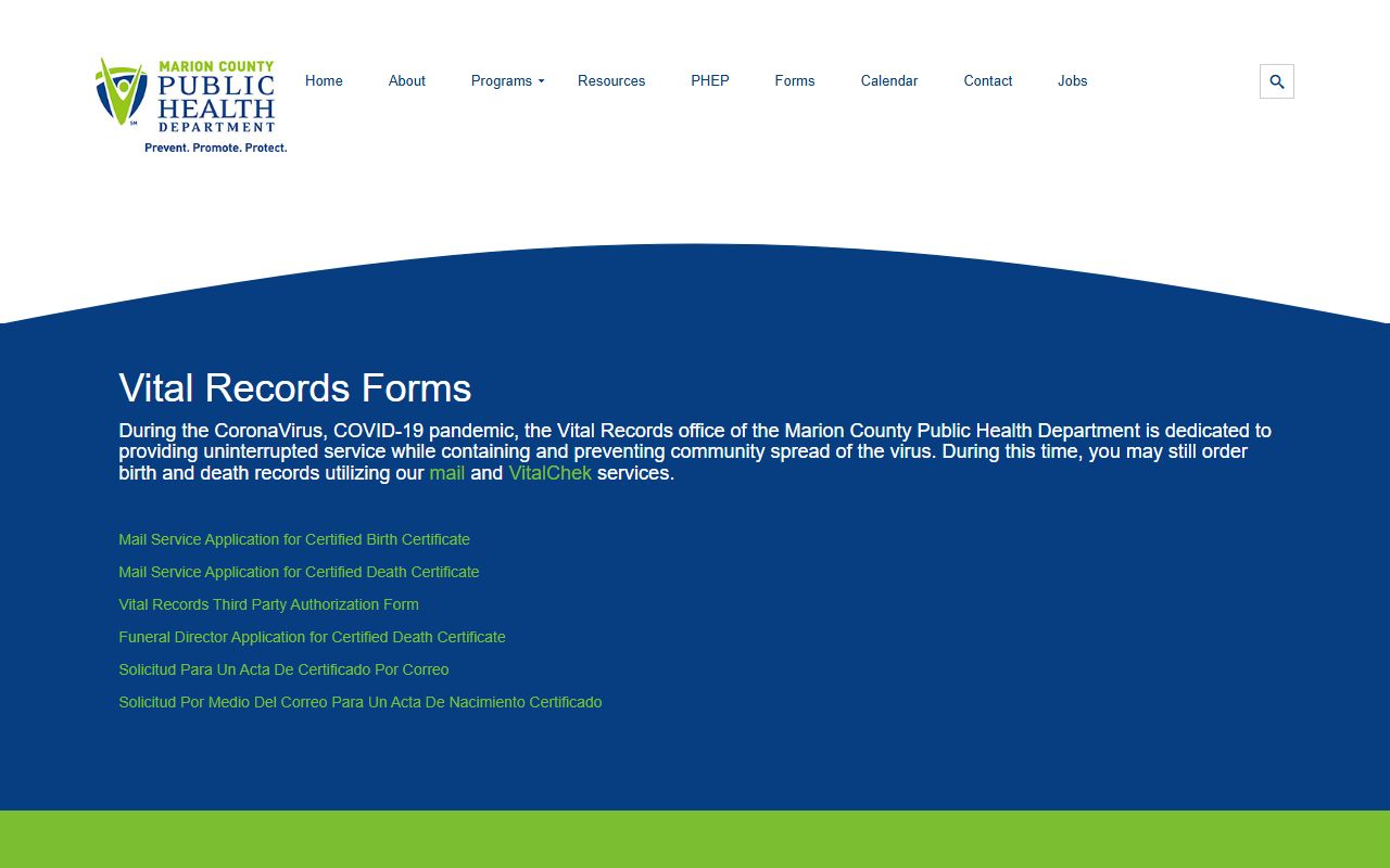 Marion County vital records forms page for birth certificate requests