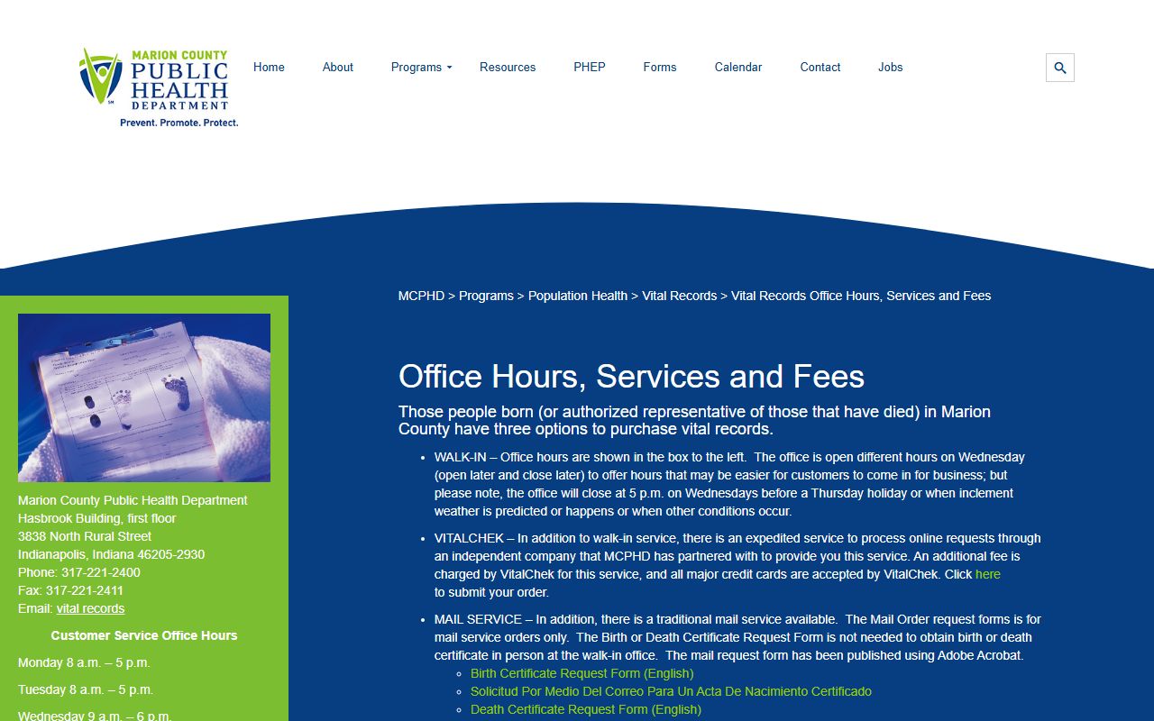 Marion County vital records office hours and fee schedule for birth records