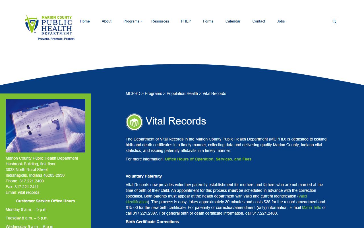 Marion County Public Health Department vital records page for birth records