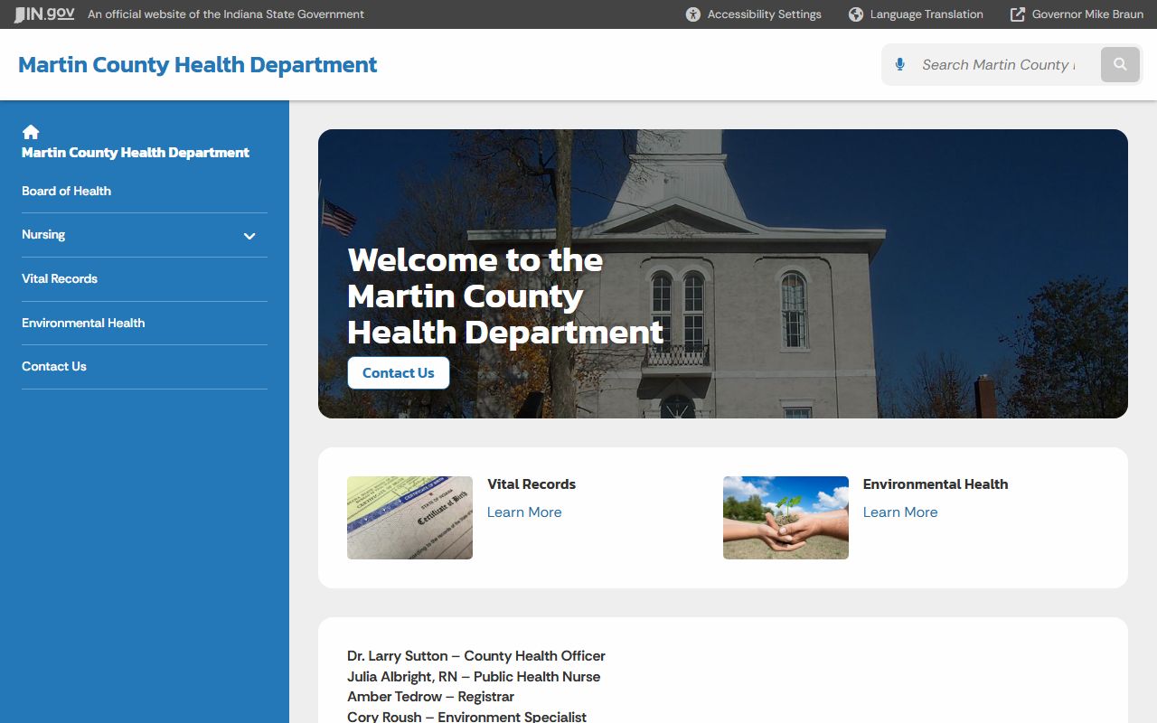 Martin County Health Department page on Indiana state website for birth records