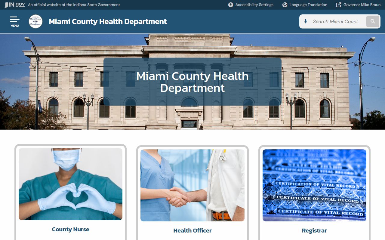 Miami County Health Department page on Indiana state website for birth records