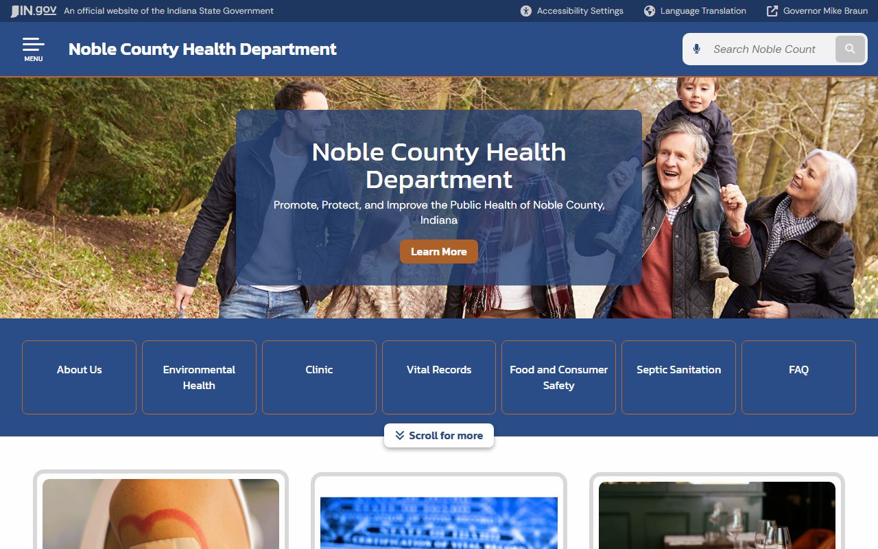 Noble County Health Department page on Indiana state website for birth records