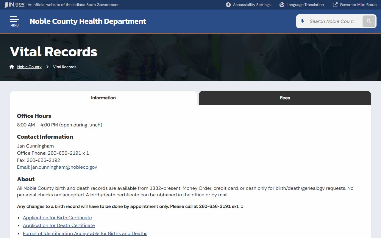 Noble County vital records page for birth certificate information