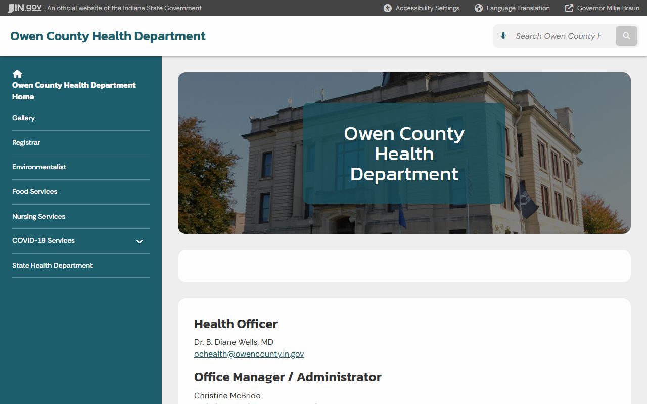 Owen County Health Department page on Indiana state website for birth records