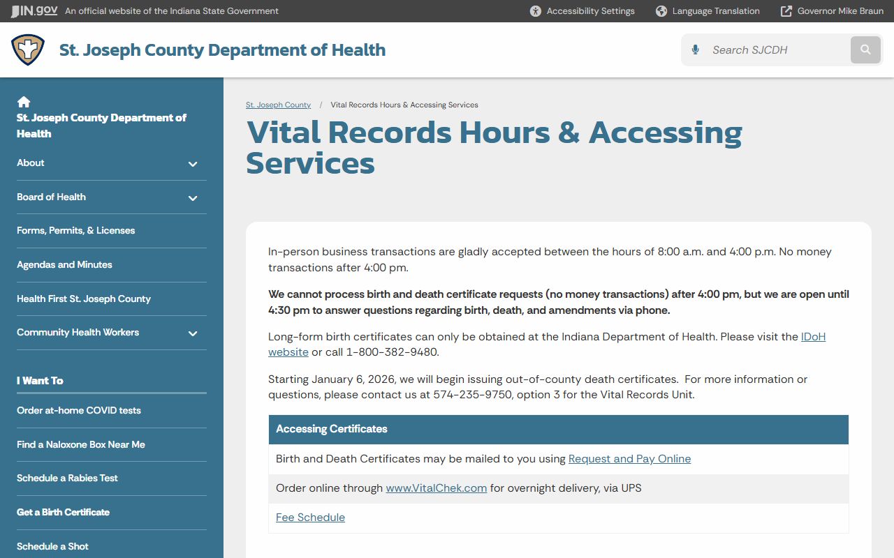 St. Joseph County Health Department vital records page for birth records