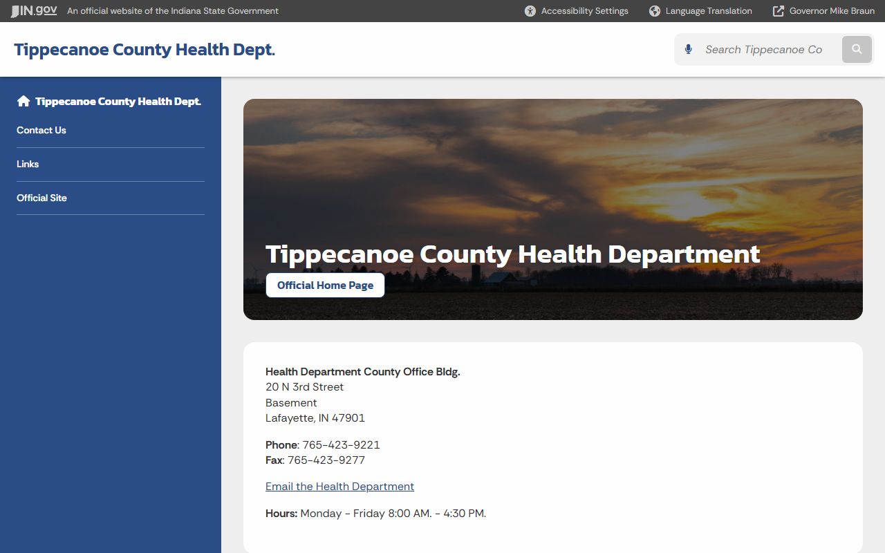 Tippecanoe County Health Department page on Indiana state website for birth records