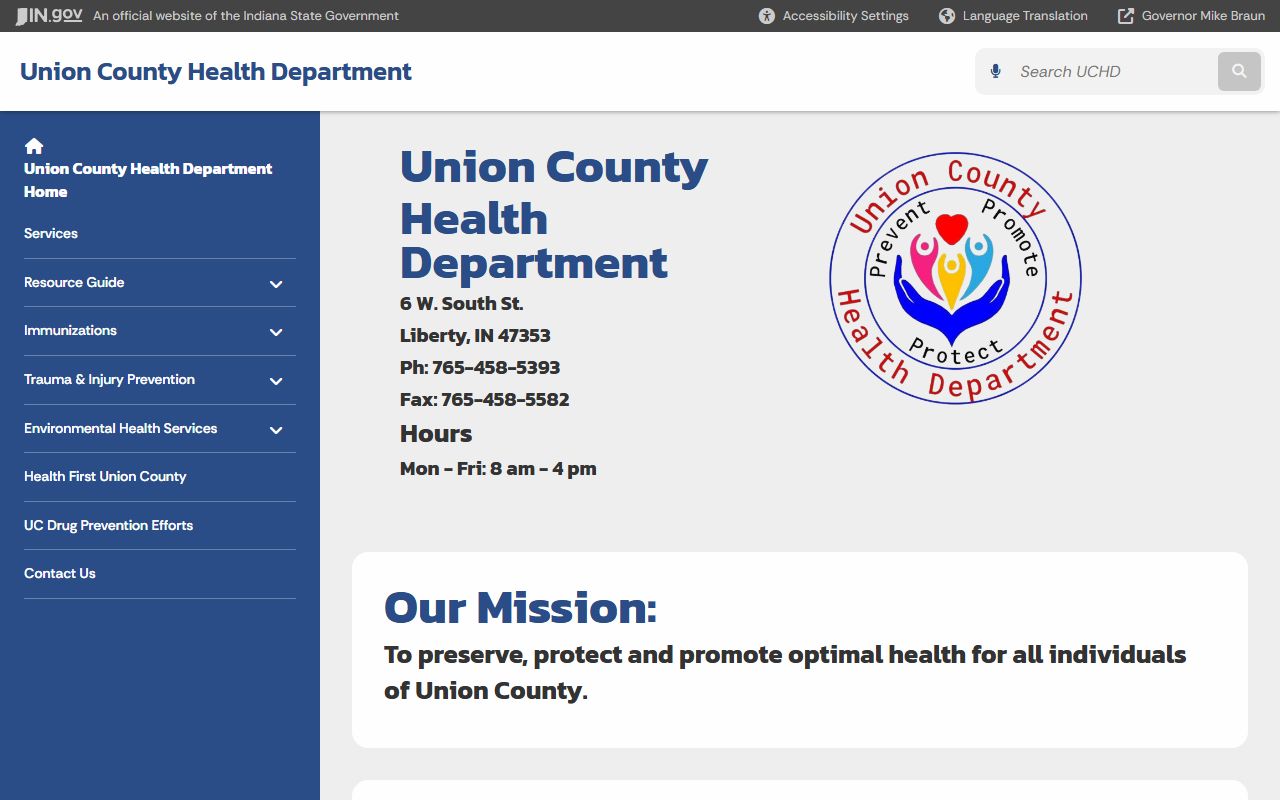 Union County Health Department page on Indiana state website for birth records