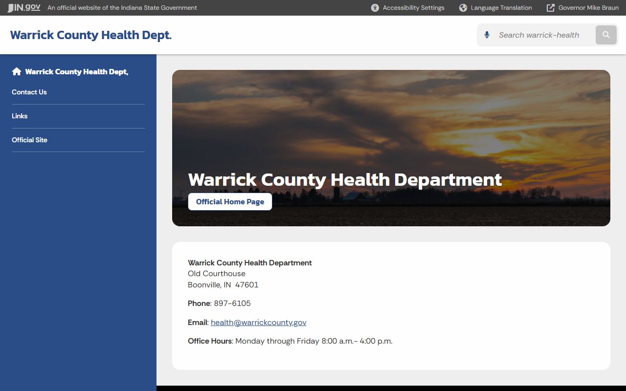 Warrick County Health Department page on Indiana state website for birth records