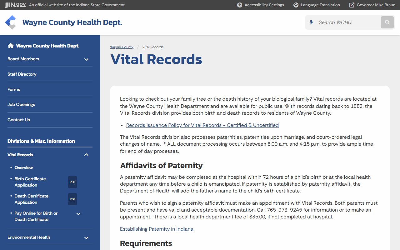 Wayne County vital records page for birth certificate requests
