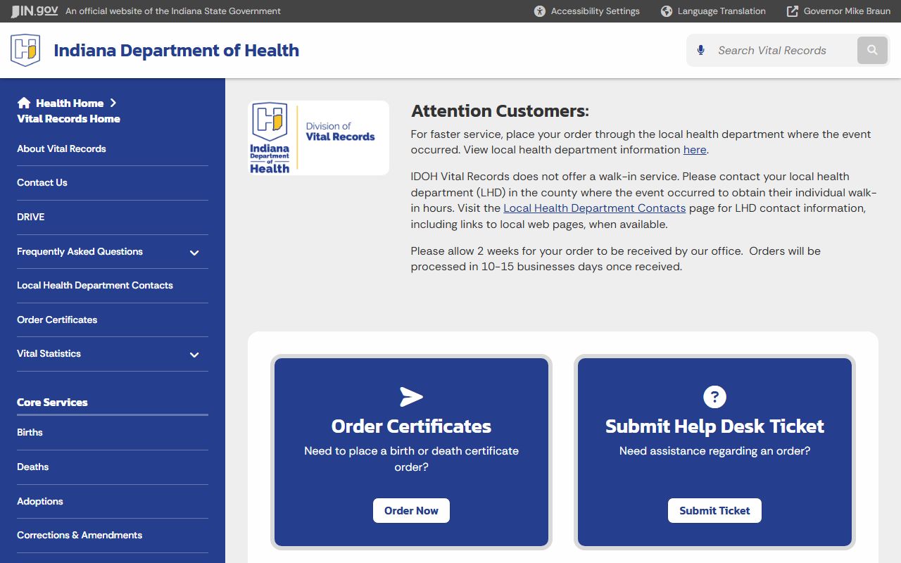 Indiana Department of Health vital records page for ordering Indiana birth records
