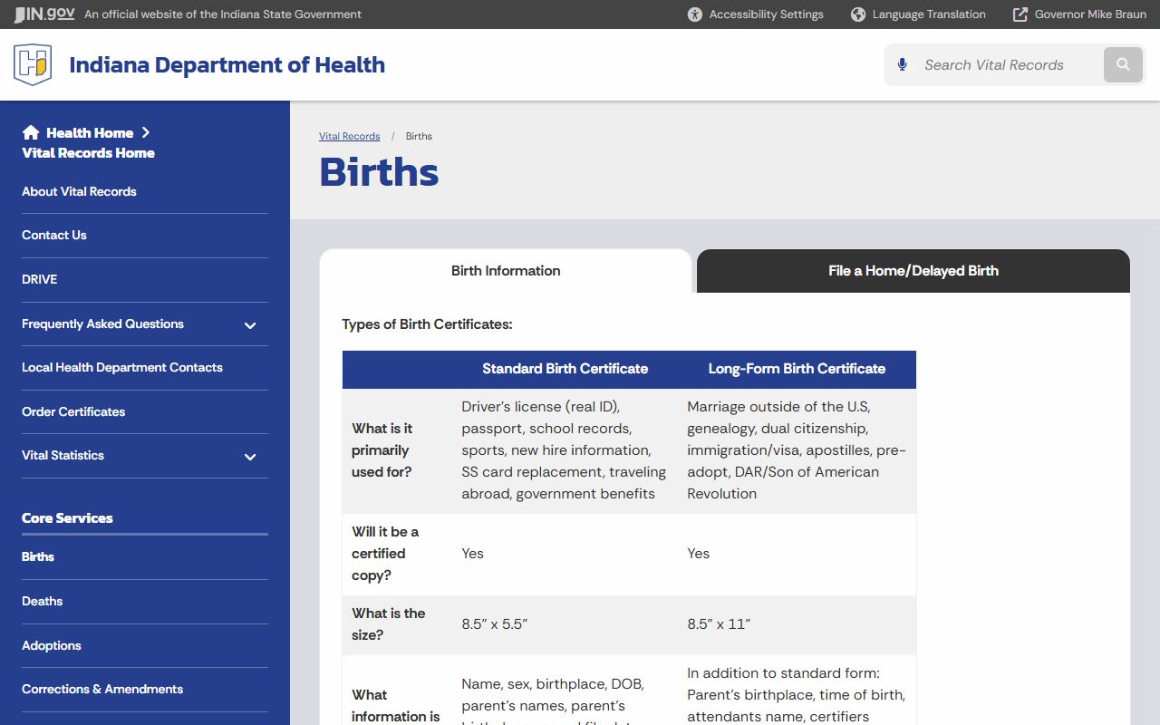 Indiana birth information page showing certificate types and details for birth records