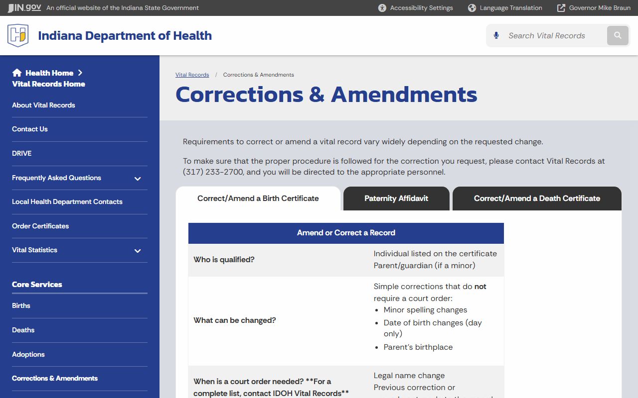 Indiana birth records corrections and amendments page