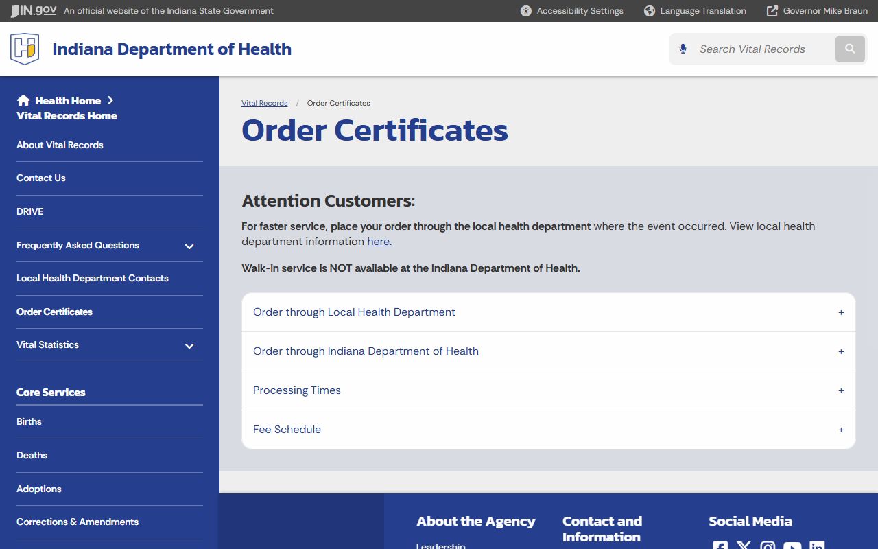 Indiana Department of Health order page for birth records certificates